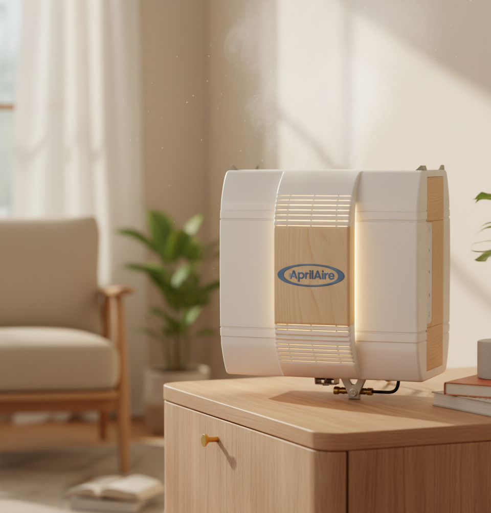 A humidifier releasing mist in a cozy, sunlit living room.