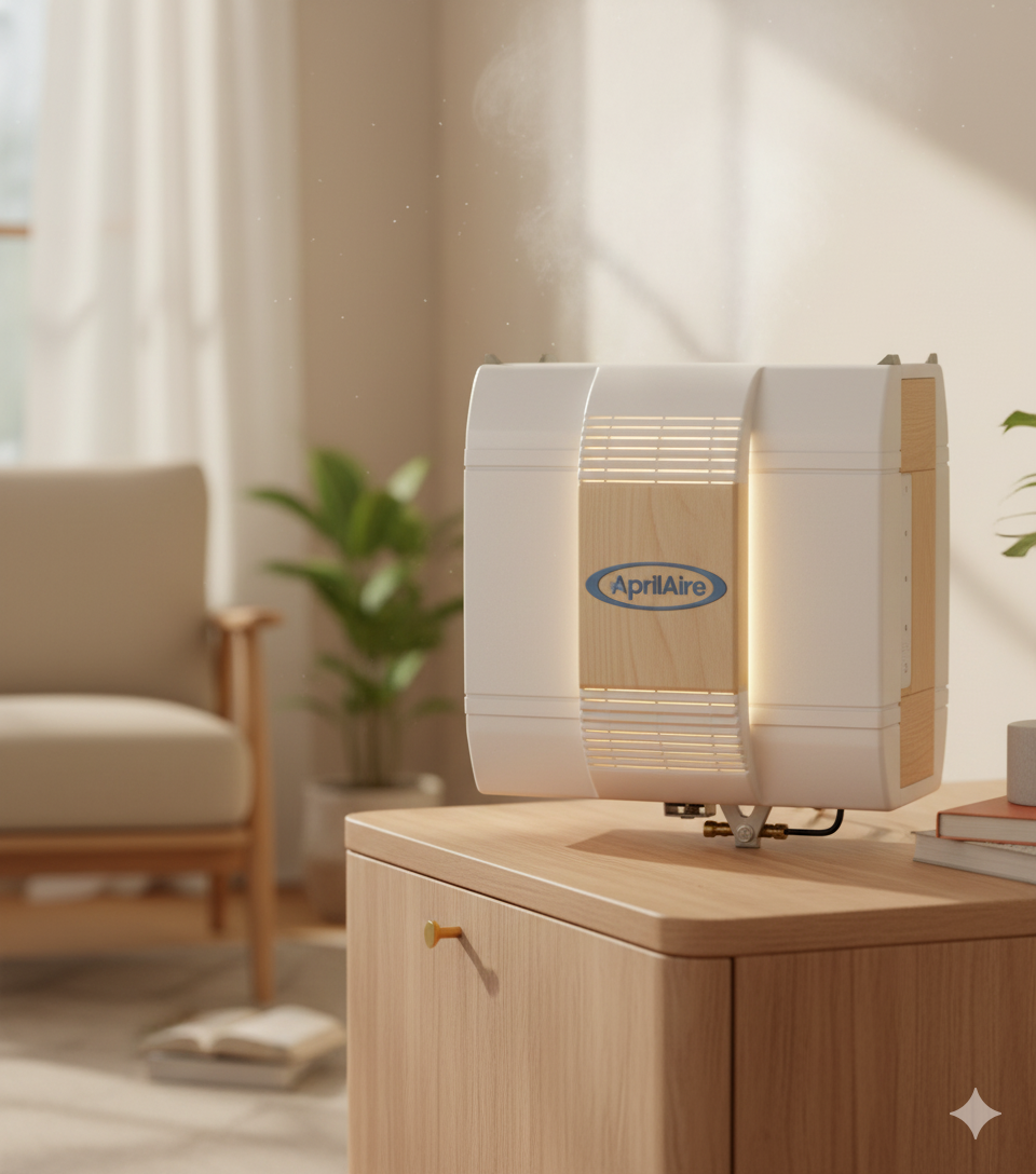 A humidifier releasing mist in a cozy, sunlit living room.