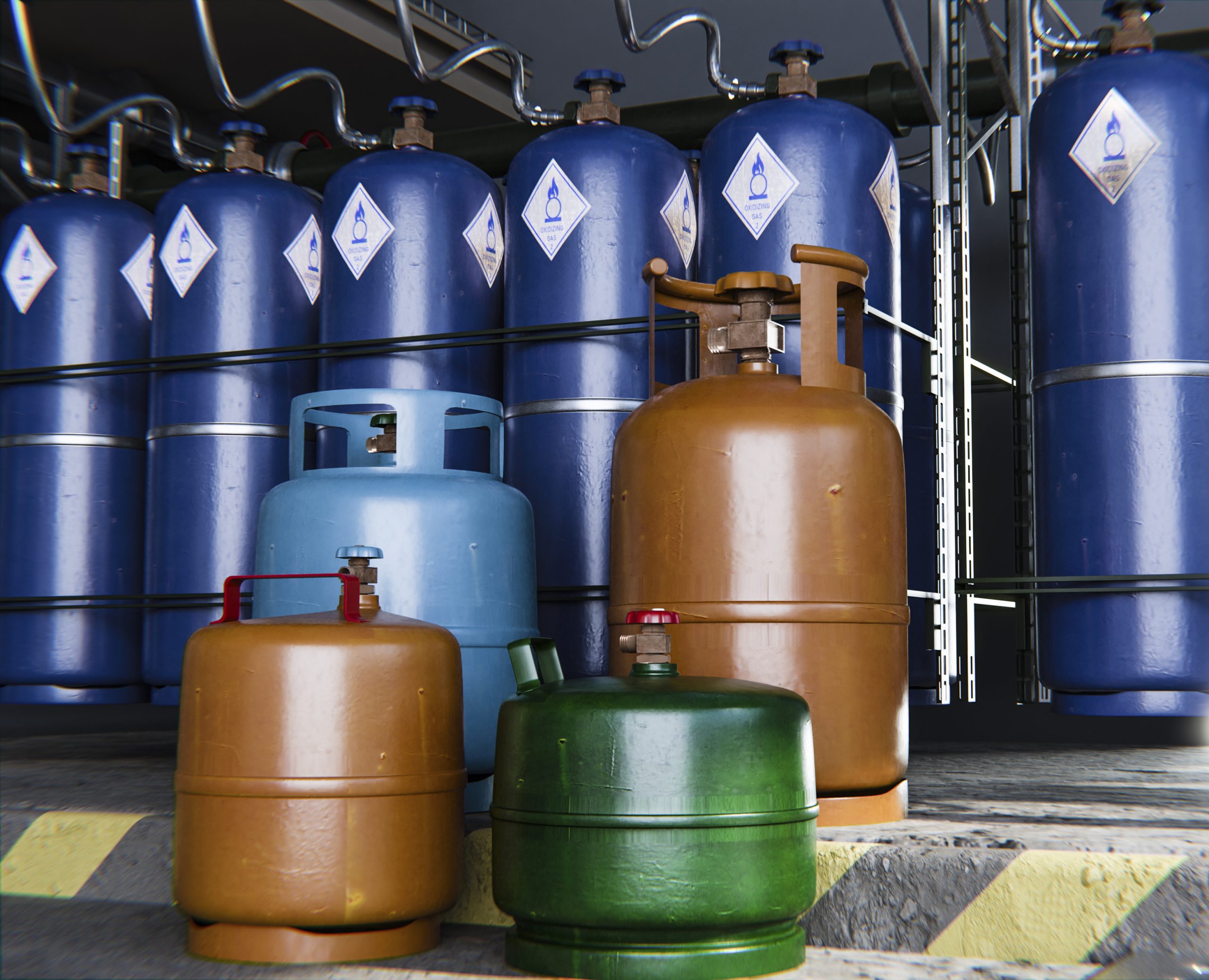 Gas cylinders stored in an industrial facility, including LPG and oxygen tanks.