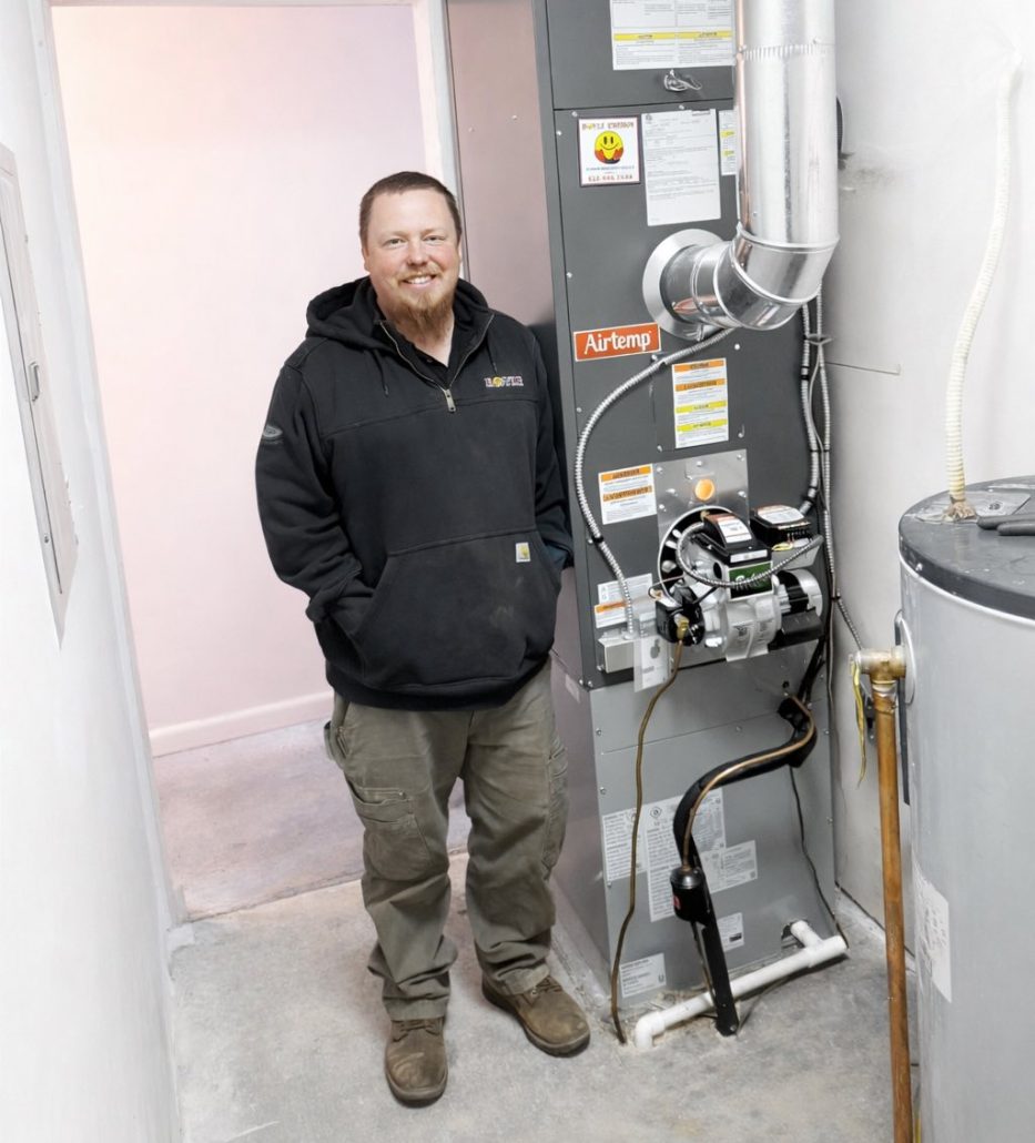 A Boyle Energy technician standing beside an oil furnace.